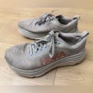 Hoka Gaviota 5 running shoes in the Harbor Mist and Rose Gold size 9